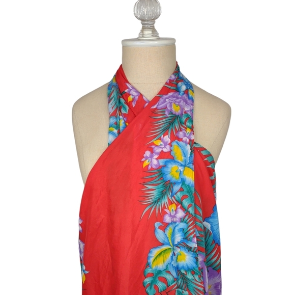 Royal Creations Sarong Wrap Red with Hawaiian Floral made in Hawaii Vintage - Picture 13 of 15